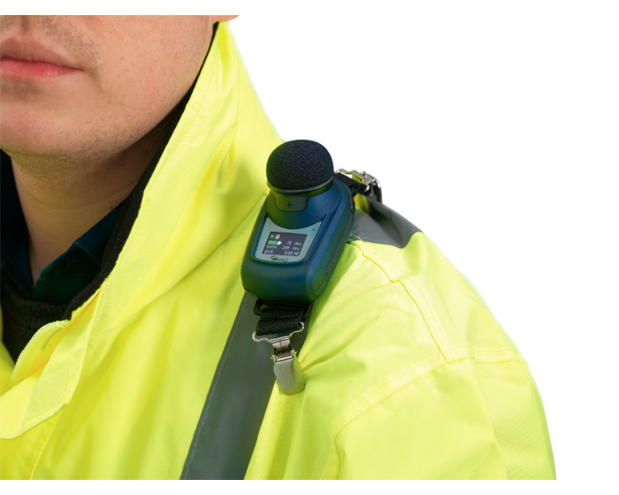 Casella's dBadge2 personal noise dosimeter; on shoulder yellow